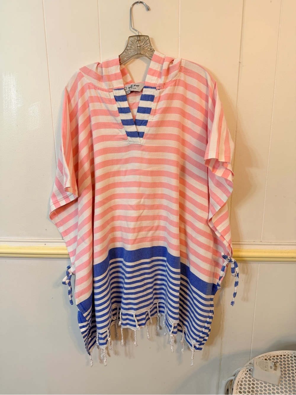 Milo Gift Shop Quick Dry Striped Pink & Blue Hooded Beach Cover-Up Poncho